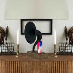 Akustik Gramofon Eskitme Gold Ahşap Gövde / Siyah Metal Başlık