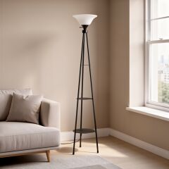 3 Ayaklı Raflı Metal Siyah Dekoratif Fedora Lambader