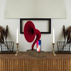 Akustik Gramofon Eskitme Gold Ahşap Gövde / Kırmızı Metal Başlık