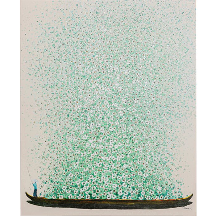 Flower Boat Beige Yeşil Ahşap Tablo 120x160 cm