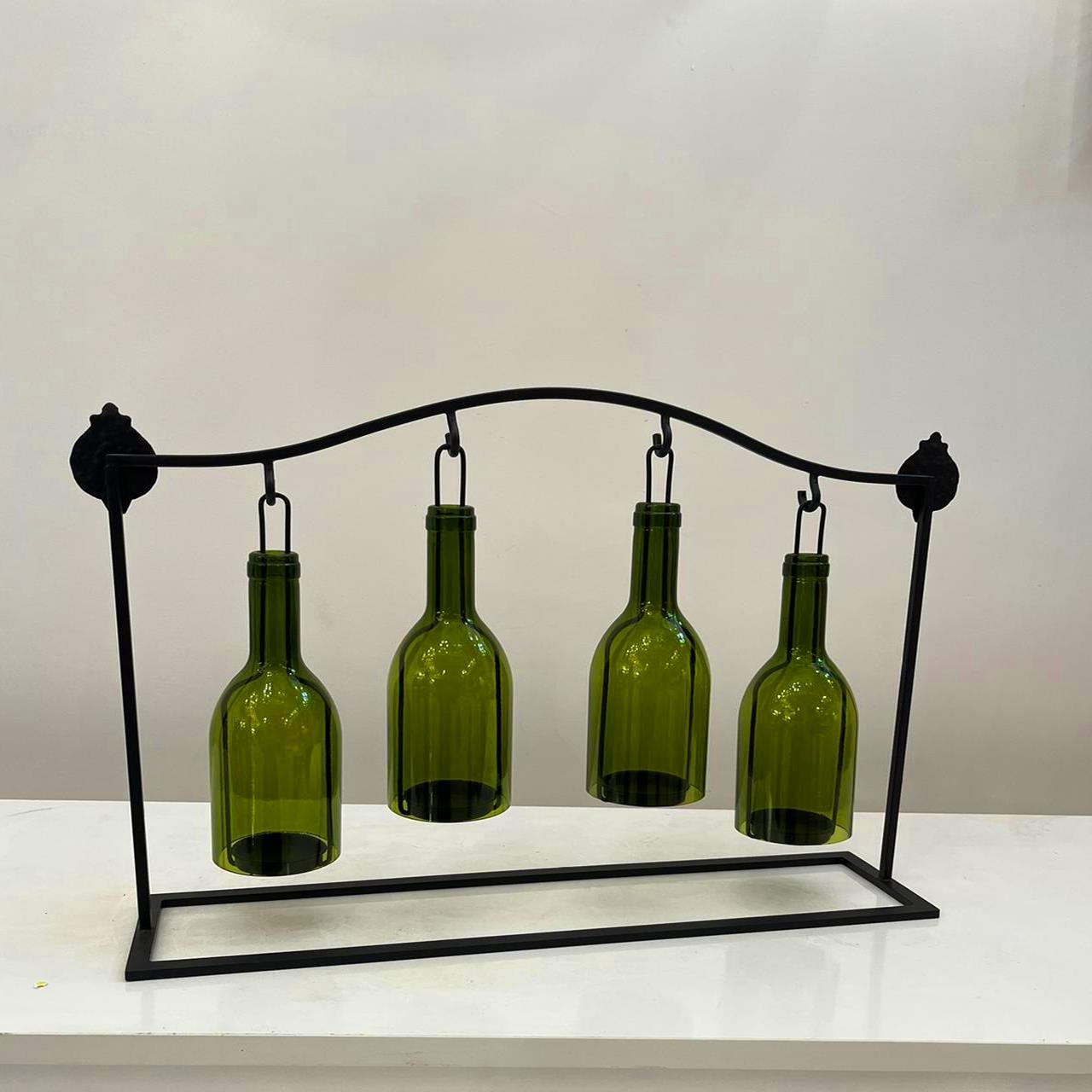 Dörtlü Dekoratif Mumluk Metal Cam Şişe Yeşil