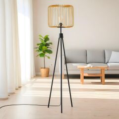 3 Ayaklı Gold Metal Başlıklı Siyah Dekoratif Lambader