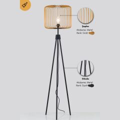 3 Ayaklı Gold Metal Başlıklı Siyah Dekoratif Lambader