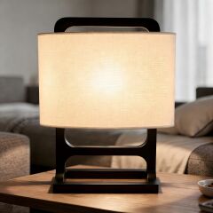 Zena Siyah Ahşap Gövdeli Krem Başlıklı Modern Dekoratif Abajur