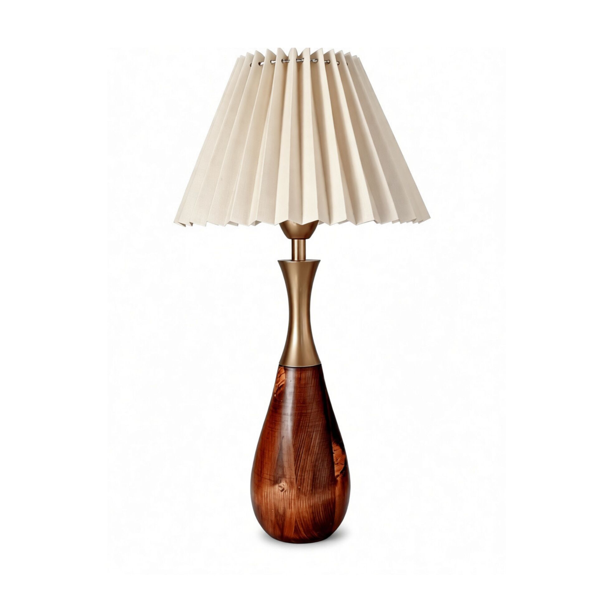 Carmel Gold Detaylı Ahşap Gövde Pileli Krem Başlık Dekoratif Abajur