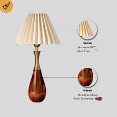 Carmel Gold Detaylı Ahşap Gövde Pileli Krem Başlık Dekoratif Abajur