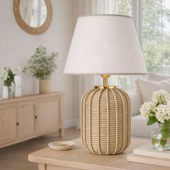 Solace Gold Detaylı Hasır Gövde Bej Başlık Rattan Dekoratif Abajur