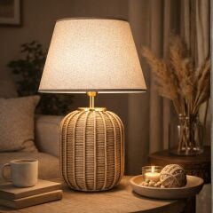 Solace Gold Detaylı Hasır Gövde Bej Başlık Rattan Dekoratif Abajur