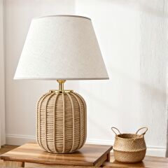 Solace Gold Detaylı Hasır Gövde Bej Başlık Rattan Dekoratif Abajur