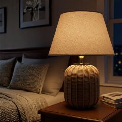 Solace Gold Detaylı Hasır Gövde Bej Başlık Rattan Dekoratif Abajur