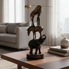 Safari Fil Zebra Zürafa Figür Siyah Eskitme Dekoratif Biblo