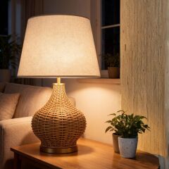 Sorel Gold Kahverengi Gövde Krem Başlık Rattan Dekoratif Abajur