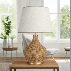 Sorel Gold Kahverengi Gövde Krem Başlık Rattan Dekoratif Abajur