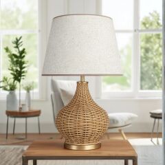 Sorel Gold Kahverengi Gövde Krem Başlık Rattan Dekoratif Abajur