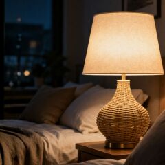 Sorel Gold Kahverengi Gövde Krem Başlık Rattan Dekoratif Abajur