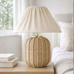 Sandy Hasır Gövde Bej Başlık Rattan Dekoratif Abajur