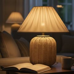 Sandy Hasır Gövde Bej Başlık Rattan Dekoratif Abajur