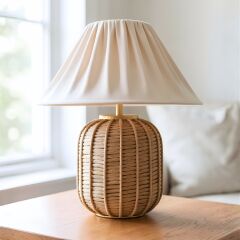 Sandy Hasır Gövde Bej Başlık Rattan Dekoratif Abajur