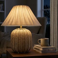 Sandy Hasır Gövde Bej Başlık Rattan Dekoratif Abajur