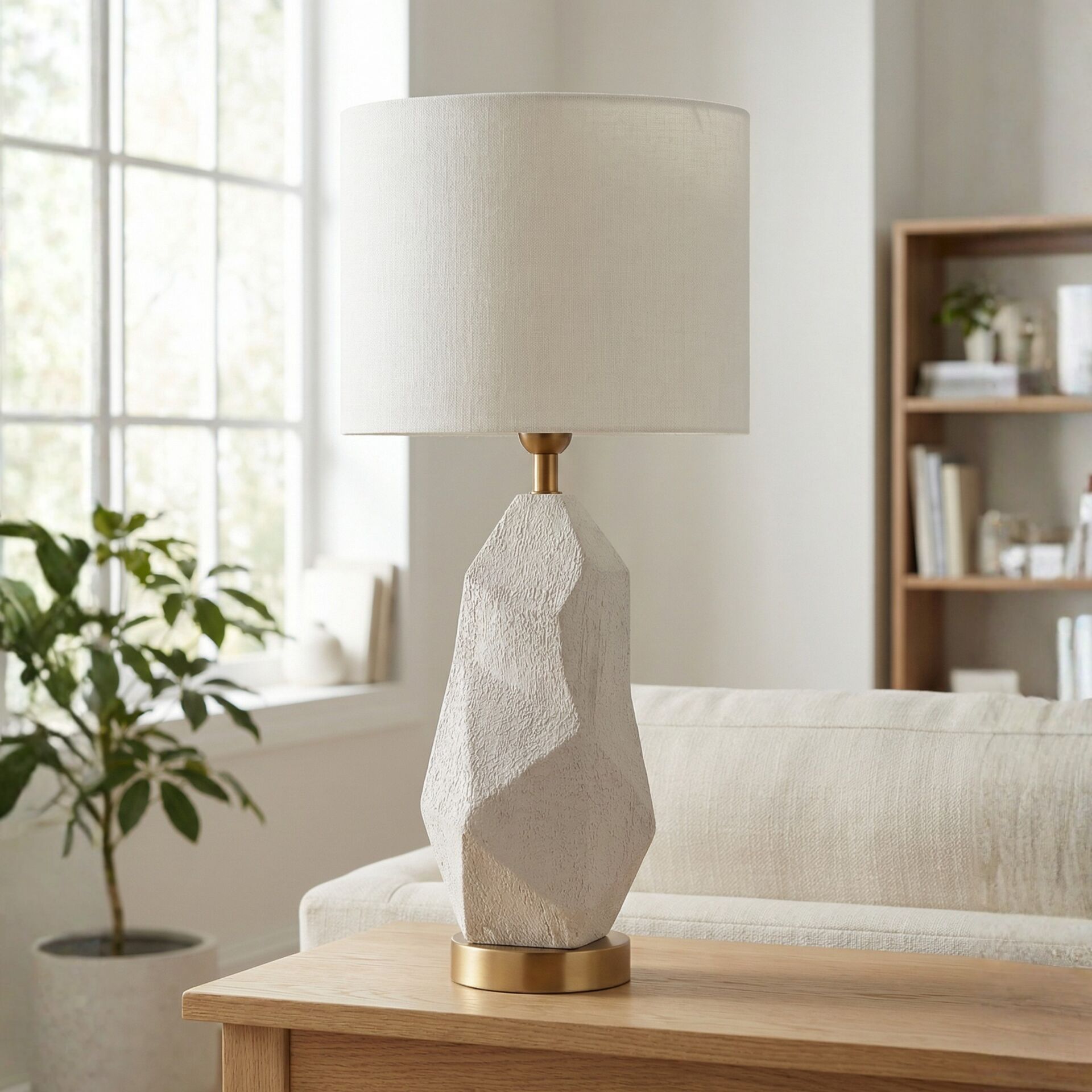 Elyon Taş Dokulu Krem Gövde Beyaz Başlık Dekoratif Abajur