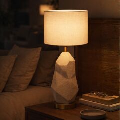 Elyon Taş Dokulu Krem Gövde Beyaz Başlık Dekoratif Abajur