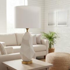 Elyon Taş Dokulu Krem Gövde Beyaz Başlık Dekoratif Abajur