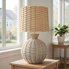 Alera Krem Gövde Bej Başlık Rattan Dekoratif Abajur