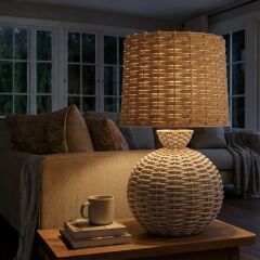 Alera Krem Gövde Bej Başlık Rattan Dekoratif Abajur