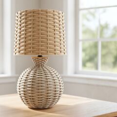 Alera Krem Gövde Bej Başlık Rattan Dekoratif Abajur