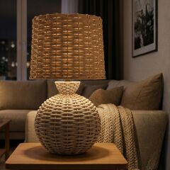 Alera Krem Gövde Bej Başlık Rattan Dekoratif Abajur