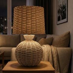 Alera Krem Gövde Bej Başlık Rattan Dekoratif Abajur