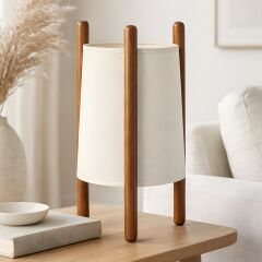 Lorin Ahşap Gövde Krem Başlık Dekoratif Abajur