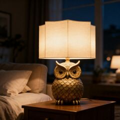 Owl Eskitme Gövde Krem Başlık Dekoratif Abajur