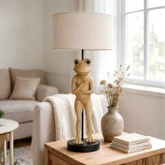 Frog Bej Gövde Gri Başlık Dekoratif Abajur