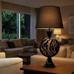 Lerasa Desenli Siyah Gövde Siyah Başlık Dekoratif Abajur