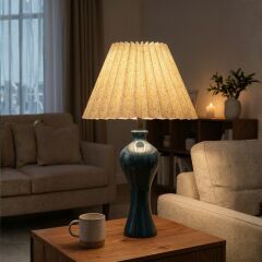 Lenta Petrol Yeşil Gövde Desen Baskılı Başlık Dekoratif Abajur