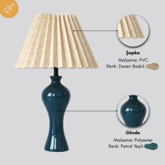 Lenta Petrol Yeşil Gövde Desen Baskılı Başlık Dekoratif Abajur