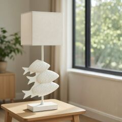 Fish Eskitme Beyaz Gövde Krem Başlık Dekoratif Abajur