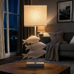 Fish Eskitme Beyaz Gövde Krem Başlık Dekoratif Abajur