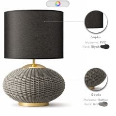 Avior Gri Gövde Siyah Başlık Dekoratif Rattan Abajur