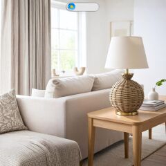 Vitar Bej Gövde Krem Başlık Dekoratif Rattan Abajur