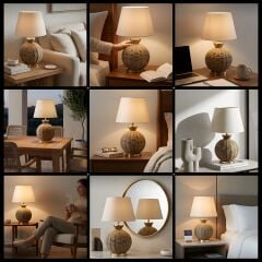 Vitar Bej Gövde Krem Başlık Dekoratif Rattan Abajur