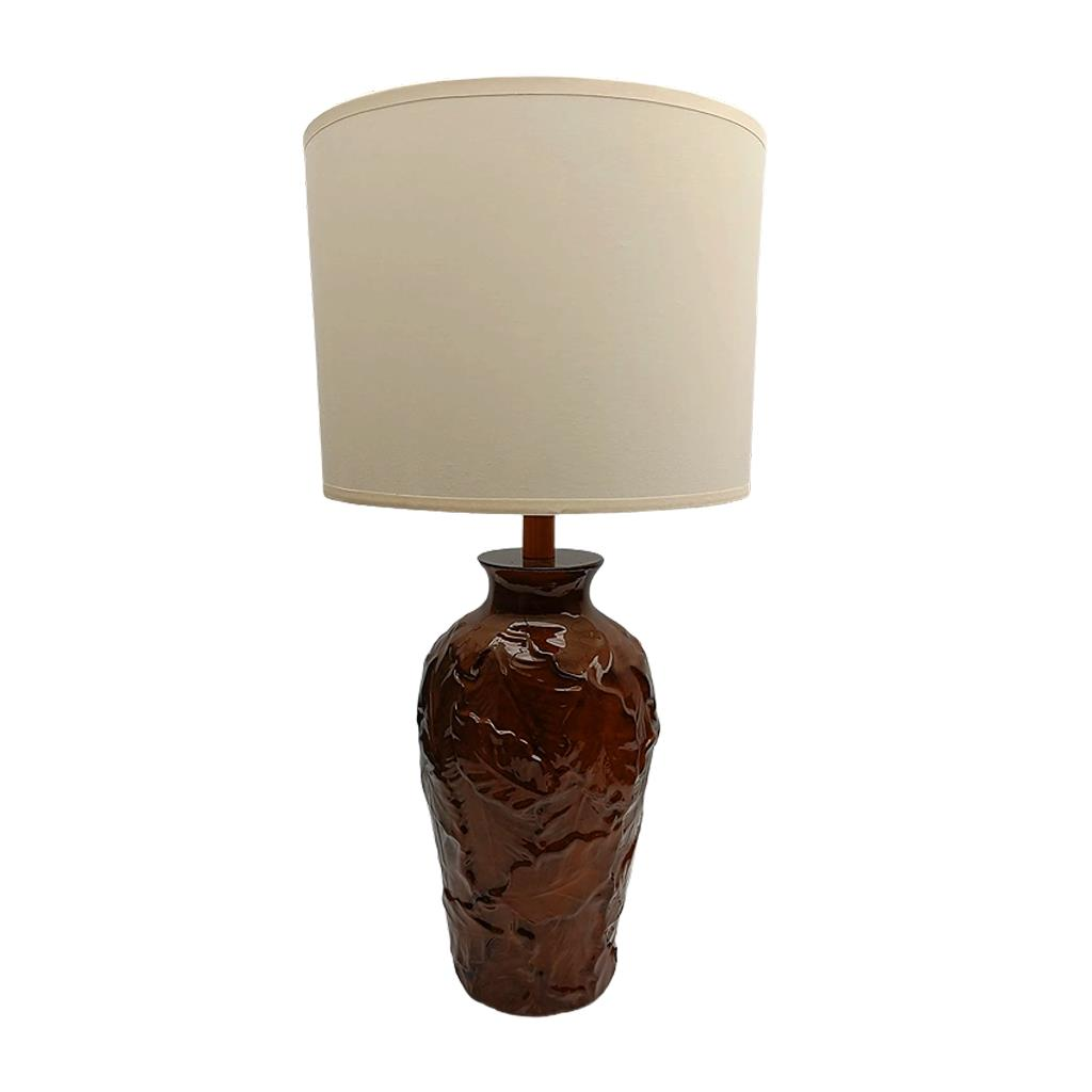 Yaprak Oymalı Polyester Abajur Kahverengi