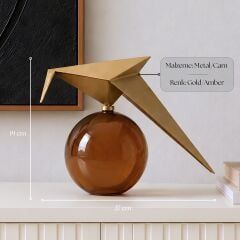 Auren Glide Gold Metal Kuş Figürlü Amber Camlı Dekoratif Biblo