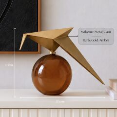 Auren Glide Gold Metal Kuş Figürlü Amber Camlı Dekoratif Biblo