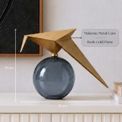 Auren Glide Gold Metal Kuş Figürlü Füme Camlı Dekoratif Biblo