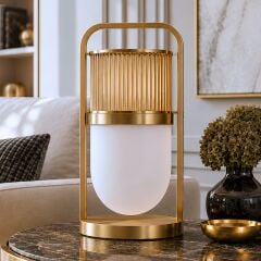 Gerald Eskitme Gold Pirinç Kaplama Gövde Beyaz Cam Başlık Masa Lambası