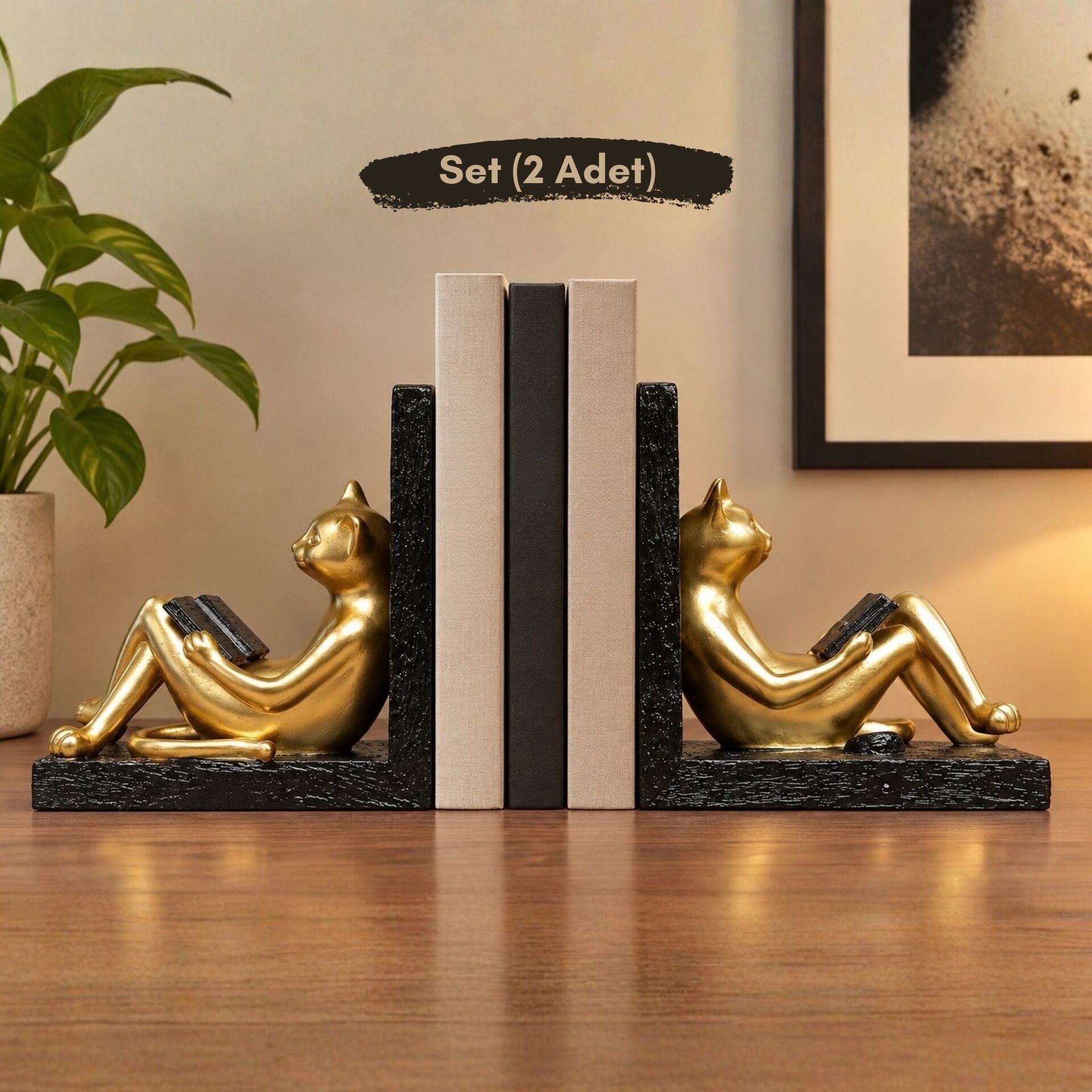 Feline Siyah/Gold Kedi Kitap Tutucu Biblo Seti (2 Adet)