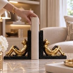 Feline Siyah/Gold Kedi Kitap Tutucu Biblo Seti (2 Adet)