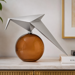 Auren Glide Gümüş Metal Kuş Figürlü Amber Camlı Dekoratif Biblo